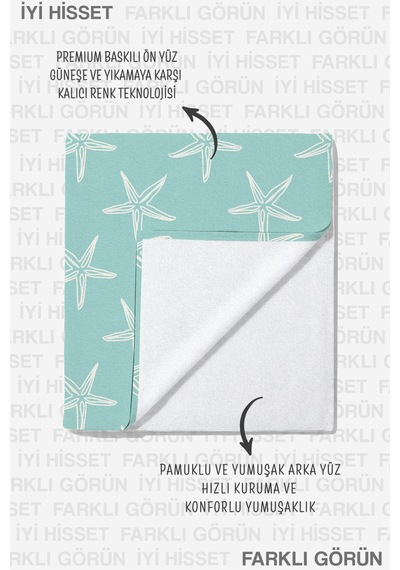 Deniz Yıldızı Temalı Plaj Havlusu - Marine Minimalist Turkuaz Beyaz Hızlı Kuruyan Mikrofiber Havlu Eski Yosun