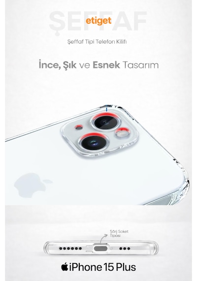 Apple Uyumlu iPhone 15 Plus Şeffaf Silikon Kılıf Şarj Yeri Tıpalı, Kaymaz Kenarlı Şeffaf