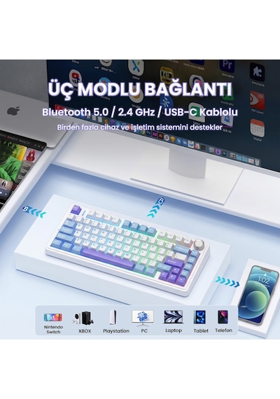 Aula F75 Mekanik Rgb Tkl Star Vector Switch Kablosuz Makrolu Hot Swap Klavye Mor