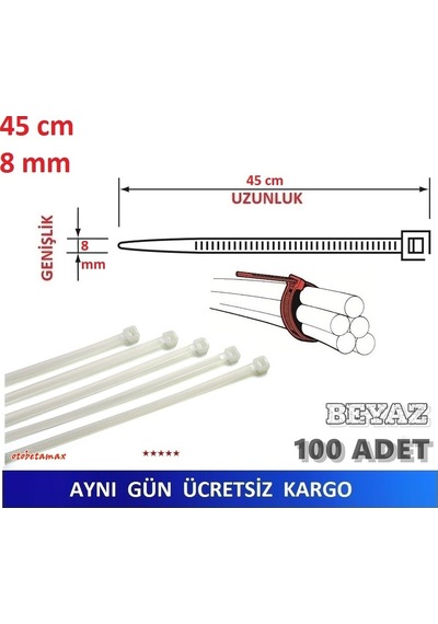 100 Adet 45Cm X 8Mm Plastik Kelepçe Beyaz-Saydam Kablo Bağı