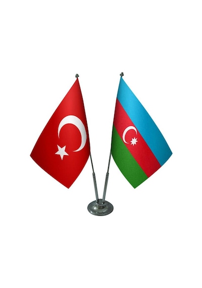 Masa Üstü Azerbaycan Bayrağı Türk Bayrağı İkili Krom Direk Masa B