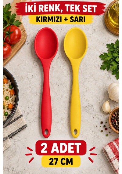 2'li Set Kırmızı Sarı Büyük Boy Silikon Kaşık 27 Cm Mutfak Yemek Pişirme Ve Servis Kaşığı Sofra İçin