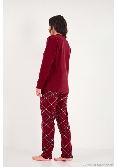Lela Ekose Desenli Bisiklet Yaka Yumuşak Polar Pijama Takımı Kadın Pijama Takımı 6097059k Bordo