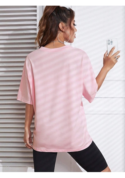 Noıssey Karikatür Ve Grafik Tasarım Oversize T-shirt Cartoon/letter Serisi Kod44 Pembe
