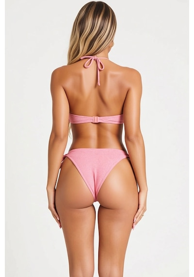 Benerly Kadın Bikini Takımı Üçgen Kap Halter Yaka Kolsuz Simli Örme Kumaş Pembe