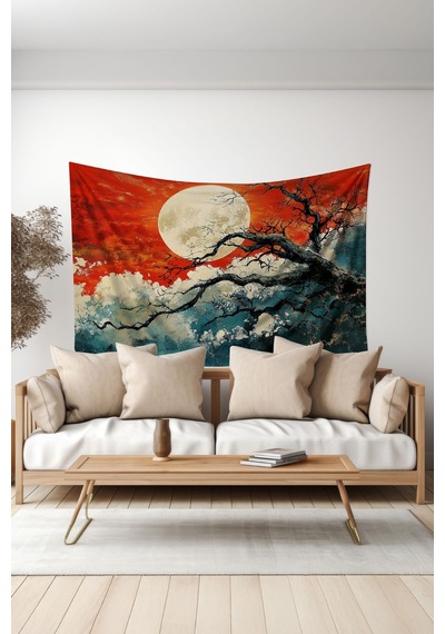 Kırmızı Gece Desenli Duvar Halısı Duvar Örtüsü Tapestry Süet Dokulu Kumaş