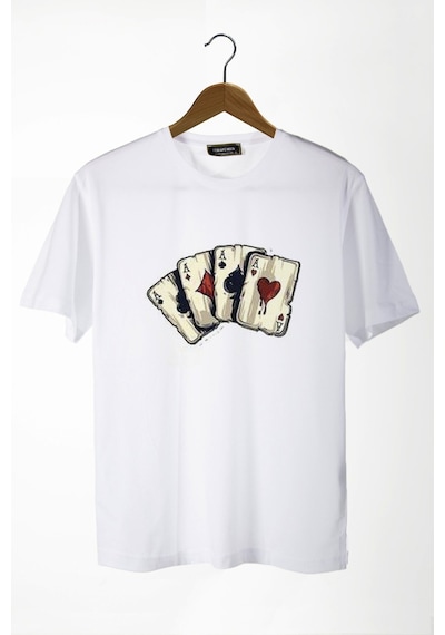 Erkek Beyaz Önü Iskambil Kağıdı Baskılı Bisiklet Yaka Oversize T-shirt 22y-3400762-2 Beyaz