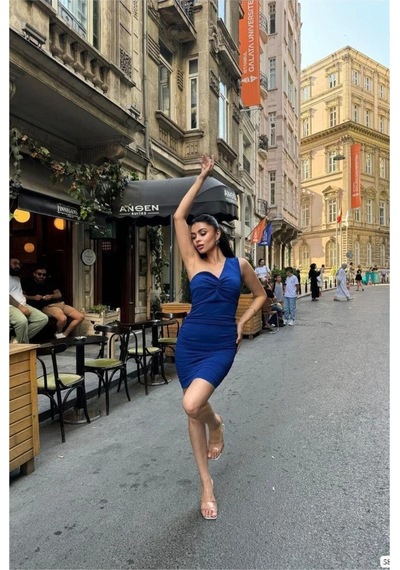 Straplez Büzgülü Elbise Balık Abiye Kesim Saks
