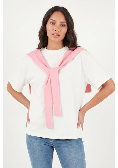 Lela Rahat Kalıp Bisiklet Yaka Omuz Şal Detaylı T Shirt Bayan T Shirt 5867044 Ekru-pembe
