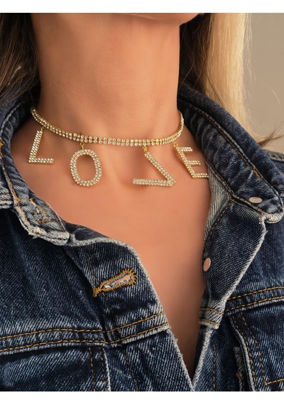 Love Aşk Kristal Taşlı Party Style Altın Kaplama Gold Renk Kolye Gold Çok Renkli