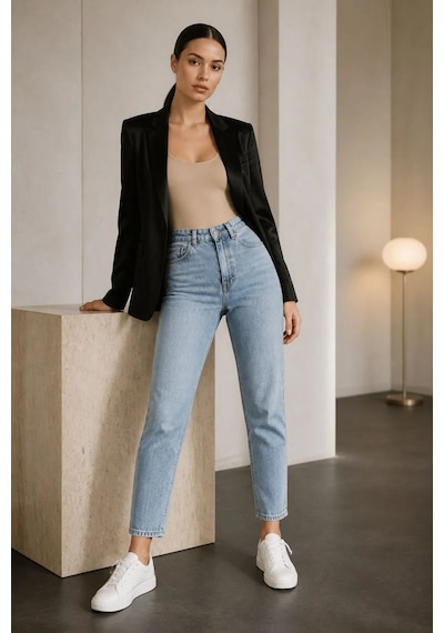 Layal My Beauty Jeannine Kadın Jeans Yüksek Bel Mom Boyfriend Dar Paça Denim Kot Pantolon Buz Mavi