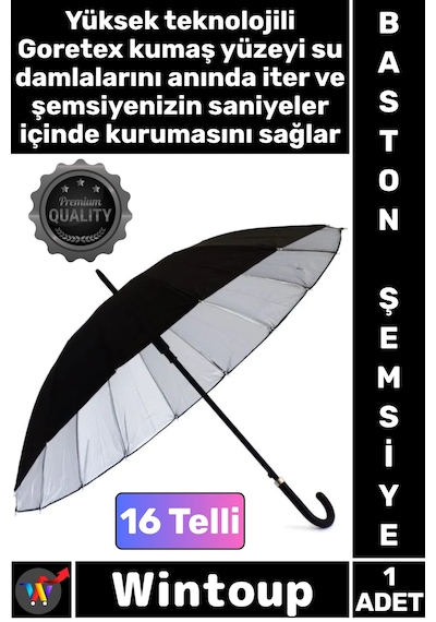 Wintoup Şemsiye Goretex Kumaş Kaliteli Dayanıklı Deri Saplı Şık Rüzgara Karşı Güçlü Baston Şemsiye 16 Telli Çok Renkli