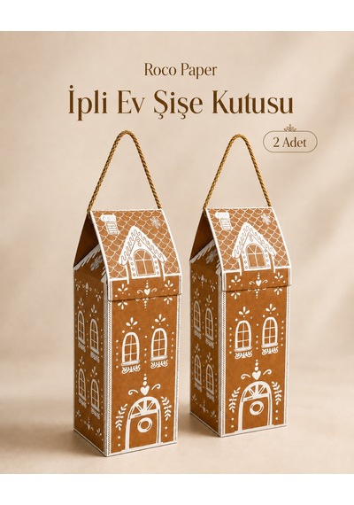 Yılbaşı Ev Tasarımlı Kraft Şişe Kutusu, Dekoratif Yeniyıl Temalı Parti Hediye Çantası, 2li Paket