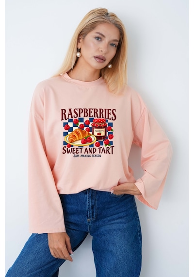Medinenur Kadın Raspberry Baskılı Geniş Kollu Oversize Body Somon