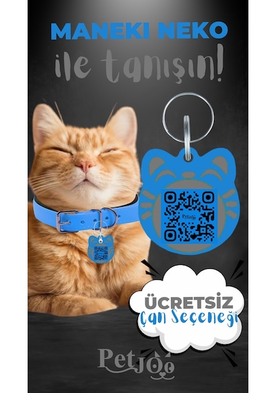 Petjoo 4.Maneki Neko Gri-Mavi Qr'lı Kedi Künyesi