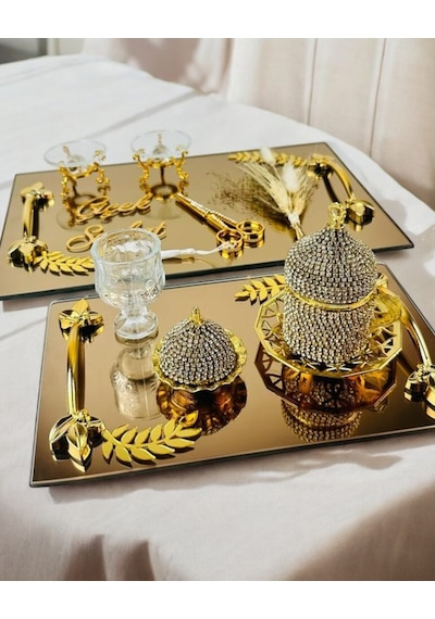 Cherish Gold Aynalı Nişan Tepsisi Ve Söz Tepsisi Siyah Siyah