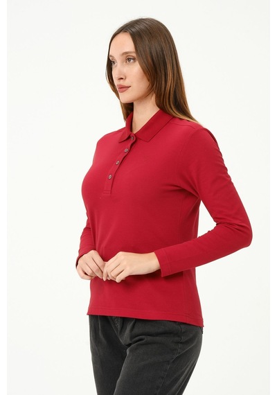 Msw Kadın Uzun Kollu Regular Fit Polo Yaka T-shirt Kırmızı
