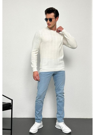 Erkek Ekru Regular Fit Bisiklet Yaka %100 Akrilik Triko Kazak Hlthe012121