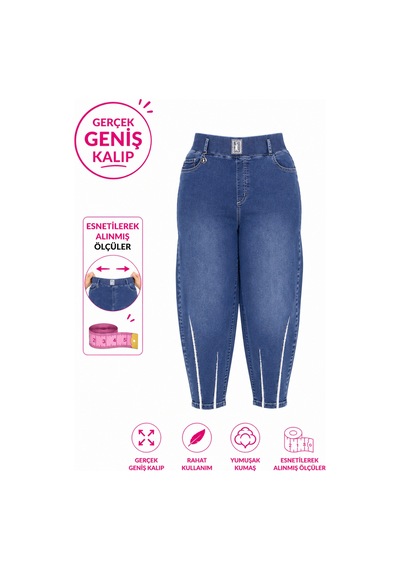 Zanessi Büyük Beden Beli Lastikli Cepli Likralı Denim Mom Kesim Kadın Pantolon Mavi