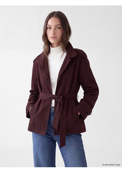 Lcw Modest Bordo Dik Yaka Kuşaklı Oversize Kadın Trençkot