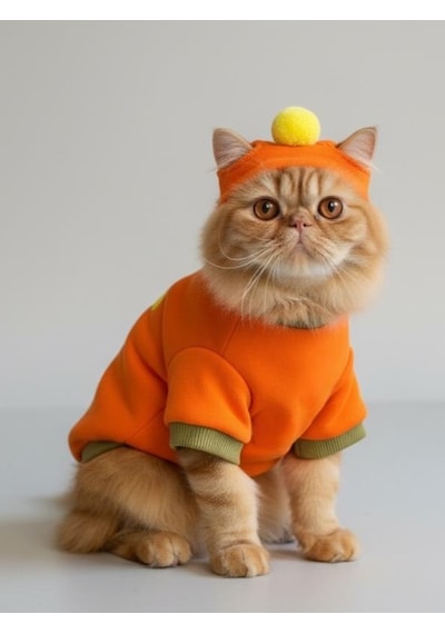 Kemique Pineapple And Ice Cream Turuncu Haki Kedi Polar Sweatshirt Ve Bere Takım Kedi Kıyafeti