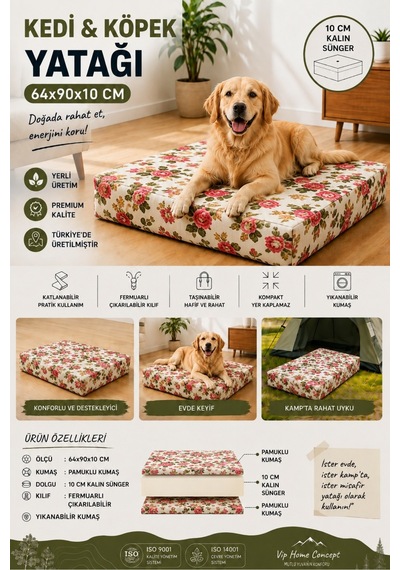 Büyük Irk Köpek Yatağı Süngerli Fermuarlı Yıkanabilir Kılıflı Köpek Minderi 64x90x10 Cm-ingiliz Gülü