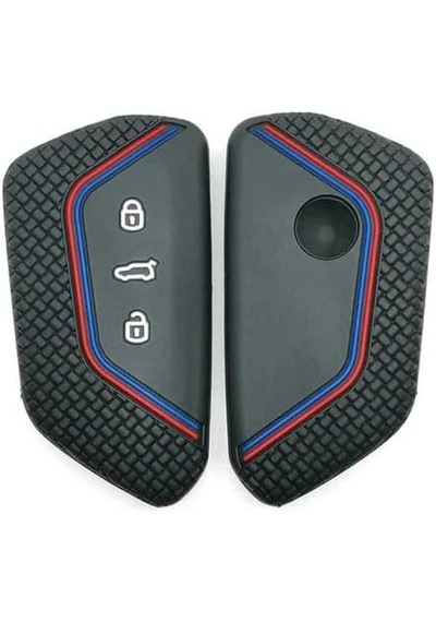 Autohan Keys Golf 8, Caddy, Tiguan 2024, Cupra Formenter, Leon Uyumlu Siyah Petek Desenli Anahtar Kılıfı, Mavi-kırmızı Şeritli