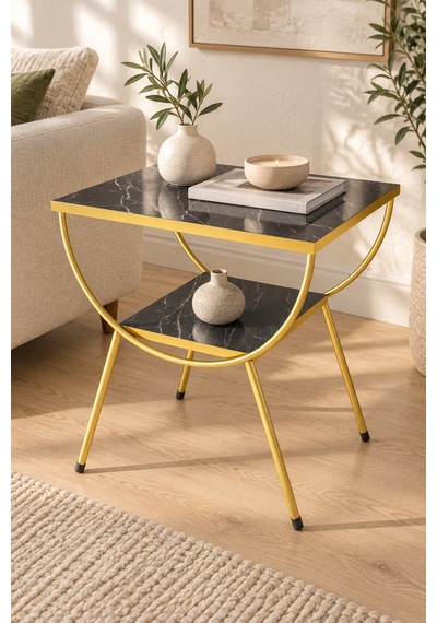 Sulorahome Gold Metal Yan Sehpa Bendir Siyah Mermer Desenli Siyah - Altın