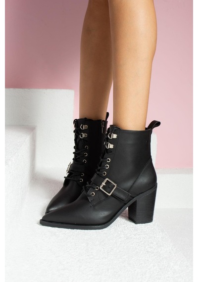 Shoetek Dasha Kadın Bot&bootie Tokalı Bağcıklı Siyah Deri Sıyah Cılt