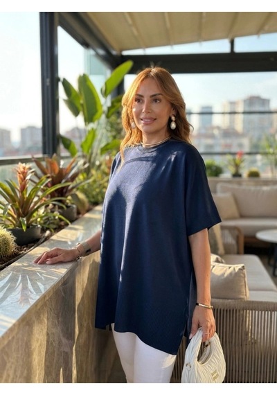 Zennamoda Kadın Bisiklet Yaka Kısa Yarasa Kollu Yanları Yırtmaçlı Oversize Dökümlü Merserize Bluz Lacivert