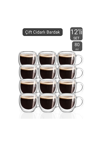 12 Li Set Kulplu Espresso Bardağı Doppio Ristretto Bardağı Çift Cidarlı Türk Kahvesi Bardak 80 Ml Şeffaf