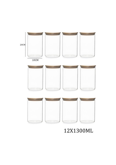 Porsima 2-4 Bambu Vakumlu Kapaklı Yuvarlak Cam 12li Kavanoz Seti Saklama Kabı 1300ml 10x20cm