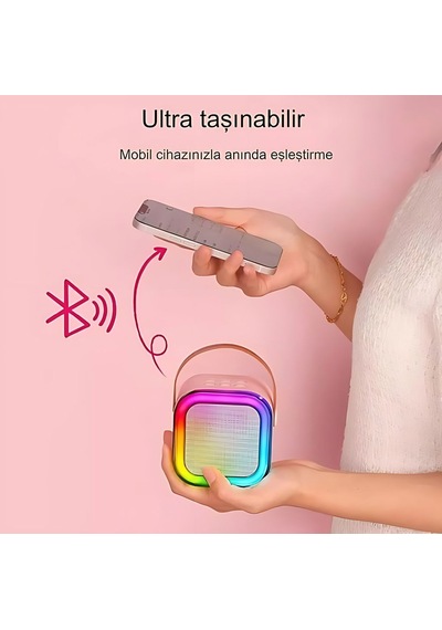 Rgb Işıklı Kablosuz Mikrofonlu Taşınabilir Bluetooth Hoparlör Kar