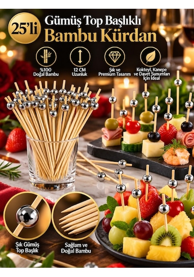 Mucit Home Gümüş Taşlı Toplu Kanepe Kürdanı 25 Adet Kokteyl Ve Parti Sunum Kürdanı