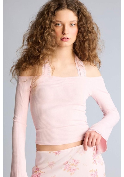 Defacto Fıtted Halter Yaka Fitilli Kaşkorse Uzun Kollu Tişört G9831ax26sppn74 Pembe-pn74