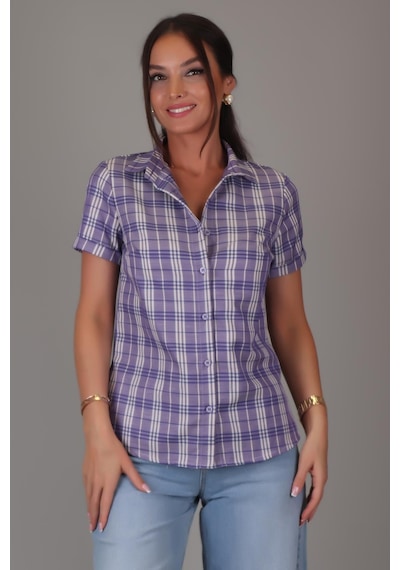 Sweetness Kadın Mor Kareli Kısa Kollu Pamuklu Gömlek Dk-1180 mor