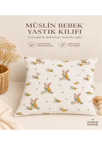 More Home Bebek Yastık Kılıfı Müslin 1 Adet 35x45 Ördekli & Tavşanlı Kırık Beyaz