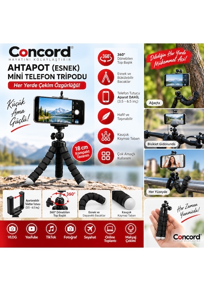 Ahtapot Esnek Mini Telefon Tripodu - 360 Döner Başlıklı - 18 Cm Vlogging & Tiktok Çekim Ayak Siyah