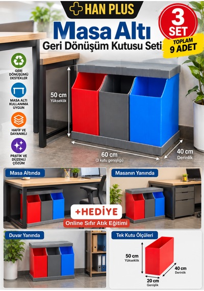 Han Plus Masa Altı, 3'lü Geri Dönüşüm Kutusu Seti -3 Takım + Online Sıfır Atıkeğitimi