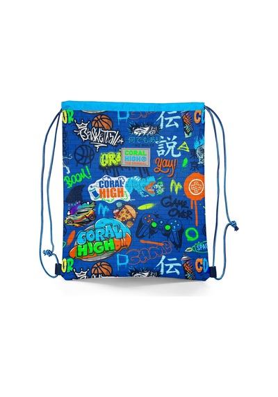 Coral High Kids Saks Grafiti Desenli İpli Büzgülü Sırt Çantası 12651 Saks Mavi