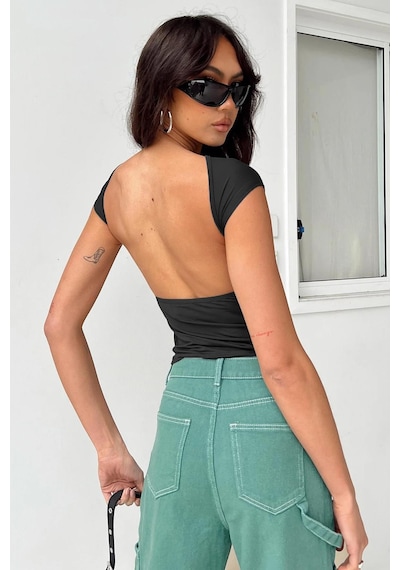 Madmext Siyah Sırt Dekolteli Crop Kadın Bluz Mg1851-siyah Siyah