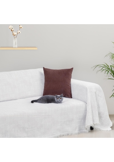 Purecot Premium Pamuklu Püsküllü Koltuk Örtüsü 180x300 Large Çift Taraflı Terletmez Kaymaz , Gri Gri