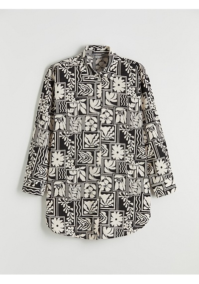 Lcw Modest Siyah Desenli Oversize Kadın Gömlek Tunik