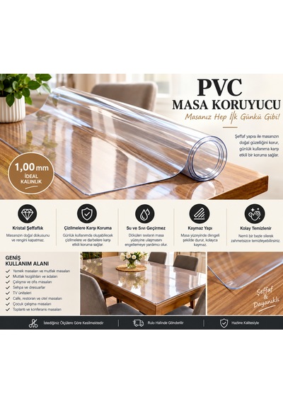 Hazline Şeffaf Masa Koruyucu Örtü 1,00 Mm Kalın Pvc Mika Masa Örtüsü Su Geçirmez Çizilmeye Karşı Koruyucu