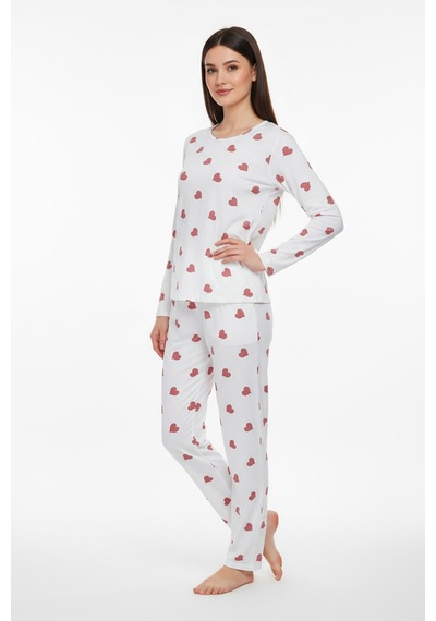 Bisiklet Yaka Süet Pijama Takımı 6004 Kırmızı Kalp Beyaz