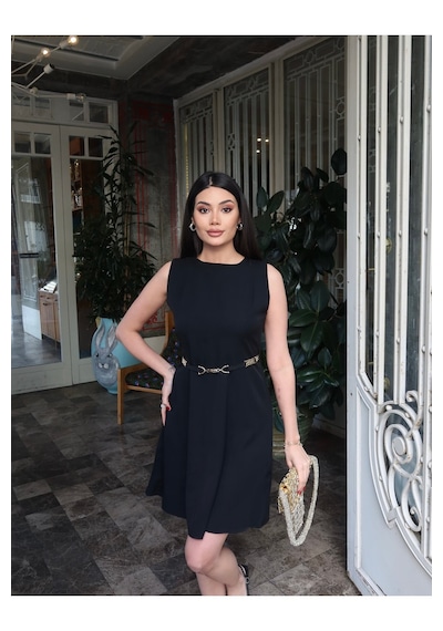 Kechi Woman Double Kumaş Kemerli Elbise Siyah