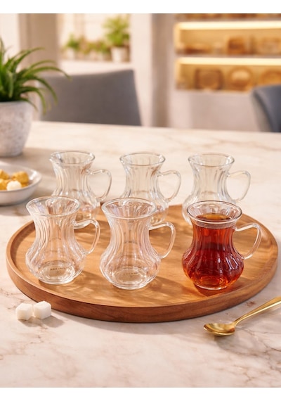 Ceren 6'lı Kulplu Çay Bardak Seti 6 Kişilik Gold