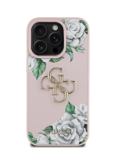 Apple Uyumlu iPhone 16 Pro Max Kılıf Guess Lisanslı Beyaz Gül Baskılı Büyük 4g Metal Logolu Kapak Pembe