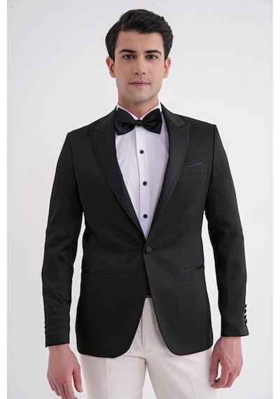 Black 035 Slim Fit Saten Yaka Çift Yırtmaçlı Tek Düğmeli Siyah Damatlık Smokin Ceket Siyah