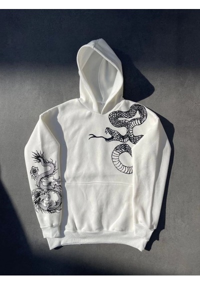 Mbb E-ticaret Kadın Oversize Kapüşonlu Kanguru Cepli Baskılı 3 İplik Pamuklu Sweatshirt Hoodie - Beyaz